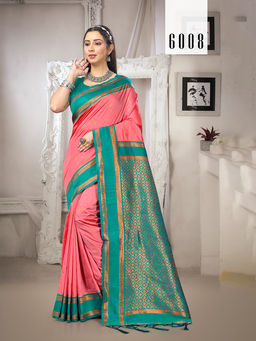 Sangam Prints - Dark Peach Silk Traditional Saree with Unstitched Blouse