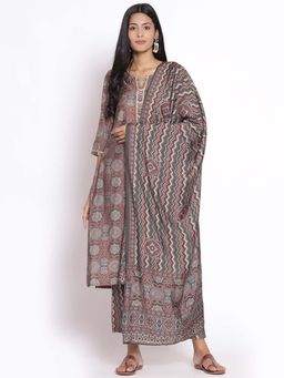 Shree - Women Modal Chanderi Grey Ornamental Printed Kurta Trouser Dupatta (Set Of 3)