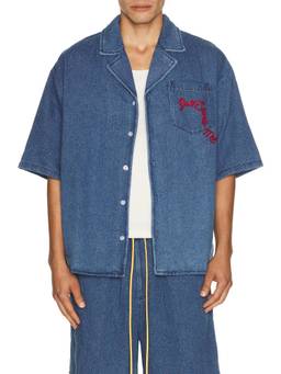 Diet Starts Monday - Lightweight Denim Men Logo Embroidered Button-Up Shirt Blue
