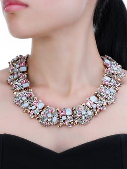 Yellow Chimes - Pink and White Elegant Colorful Crystal Choker Necklace