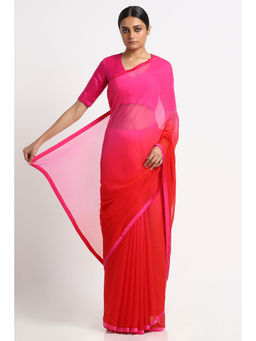 Via East - Pink Red Chiffon Ombre Saree