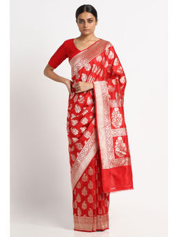 Via East - Scarlet Silk Banarasi Saree with Unstitched Blouse