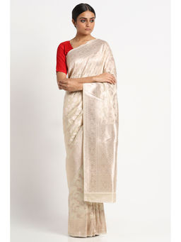 Via East - Ivory Silk Banarasi Saree with Unstitched Blouse