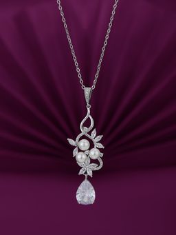 Carlton London - Premium Silver Toned CZ Studded Rhodium-Plated Contemporary Pendant with Chain