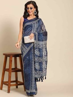 Silk Land - Womens Pure Cotton Blue Block Print Saree with Unstitched Blouse