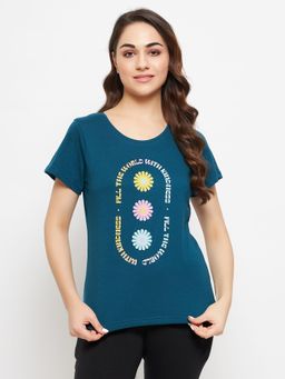 Clovia - Graphic & Text Print Top In Teal Blue - 100 Percent Cotton