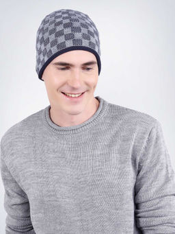 Bharatasya - Men Checkered Warm Thick Knitted Blue Beanie