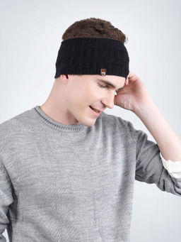 Bharatasya - Check Knitted Warm Woolen Solid Trendy Black Head Band