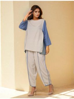 Dora Dori - Off White Cotton Linen Round Neck Top with Pant (Set of 2)