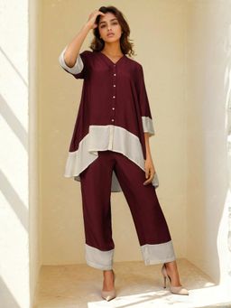 Dora Dori - Wine Muslin Silk V-Neck Tunic with Pant (Set of 2)