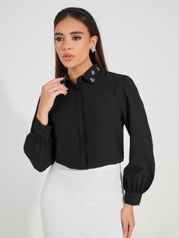 Styli - Women Black Embellished Collar Puff Sleeves Regular Fit Shirt