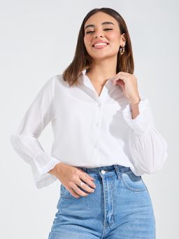 Styli - Women White Schiffli Detail Long Puff Sleeve Shirt with Inner Cami