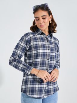 Styli - Women Navy Blue Checked Collar Long Sleeves Regular Fit Shirt