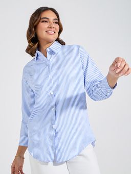 Styli - Women Blue Striped Oversized Casual Shirt