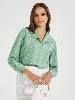 Styli - Women Green Striped Wide Collar Long Sleeves Regular Fit Shirt