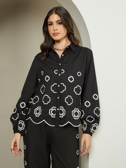 Styli - Women Black Embroidered Long Sleeves Regular Fit Shirt