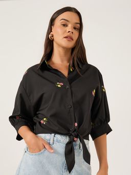Styli - Women Black Floral Embroidered Regular Fit Tie-Up Shirt