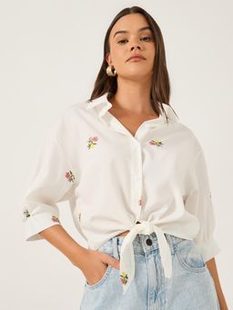 Styli - Women Off White Floral Embroidered Spread Collar Regular Fit Shirt