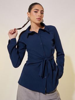 Styli - Women Navy Blue Solid Collar Long Sleeves Shirt