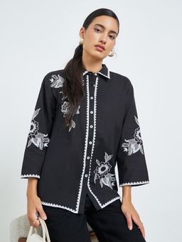 Styli - Women Black Regular Fit Embroidery Shirt