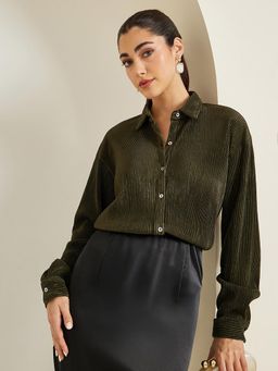 Styli - Women Olive Oversized Plisse Shirt