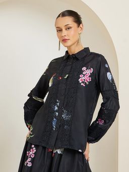 Styli - Women Black Floral Print Long Sleeve Shirt