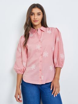 Styli - Women Pink Floral Embroidered Puff Sleeves Regular Fit Shirt