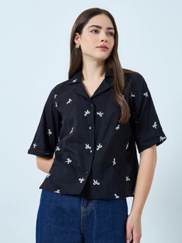Styli - Women Black Bow Embroidered Cotton Boxy Fit Shirt