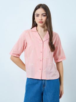 Styli - Women Pink Embroidered Half Sleeves Cotton Boxy Fit Top