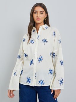 Styli - Women Off White Floral Embroidered Long Sleeves Oversized Shirt