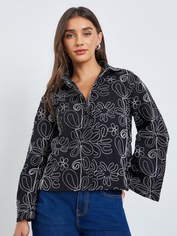 Styli - Women Black Floral Embroidered Oversized Shirt