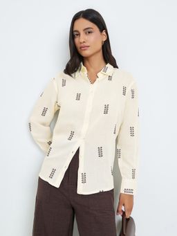 Styli - Women Off White Embroidered Long Sleeve Oversized Shirt