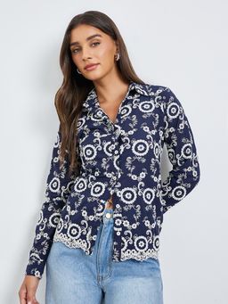 Styli - Women Navy Blue Floral Embroidered Regular Fit Shirt