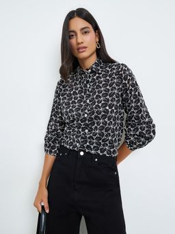 Styli - Women Black Floral Embroidered Regular Fit Shirt