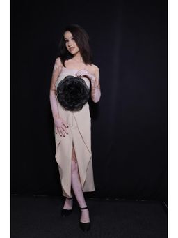 CLASYY - Cream Polyester Self Design Sleeveless Strapless Dress