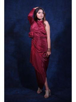 CLASYY - Maroon Polyester Solid Full Sleeves High Neck Dress