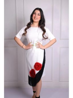CLASYY - White Polyester Solid Half Sleeves Round Neck Dress