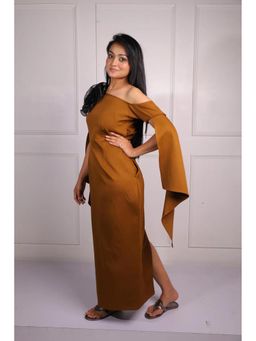 CLASYY - Brown Polyester Solid Cape Asymmetrical Dress