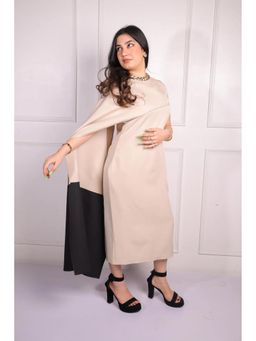 CLASYY - Beige Polyester Solid Flared Sleeves Round Neck Dress