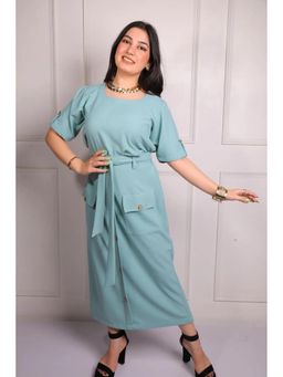 CLASYY - Blue Polyester Solid Half Sleeves Round Neck Dress with Belt