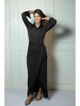 CLASYY - Black Polyester Solid Full Sleeves Collar Neck Dress