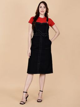 Codaisy PRO - Black Denim Solid Sleeveless Dungaree Style Dress with Belt