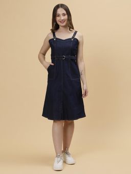 Codaisy PRO - Blue Denim Solid Sleeveless Dungaree Style Dress with Belt