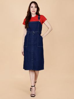 Codaisy PRO - Blue Denim Solid Sleeveless Dungaree Style Dress with Belt