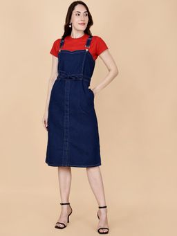 Codaisy PRO - Blue Denim Solid Sleeveless Dungaree Style Dress with Belt