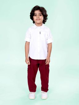 KiddoPanti - Boys Cotton Knit Solid Shirt With Cargo Pant White