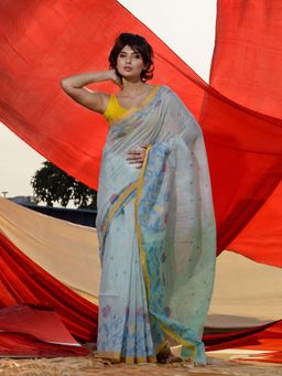 CHARUKRITI - Ice Blue Cotton Handspun Polka Buttas and Floral Borders Saree with Unstitched Blouse