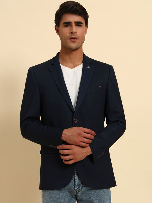 Cantabil Men Navy Blue Solid Slim Fit Blazer