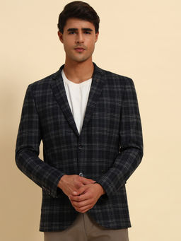 Cantabil - Men Navy Blue Checks Slim Fit Blazer