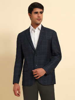Cantabil - Men Navy Blue Checks Smart Fit Blazer